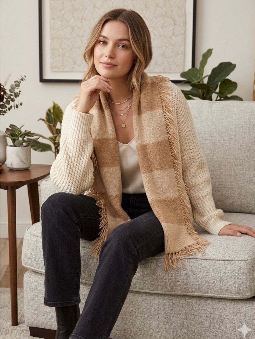 Saks Fifth Avenue Tan Fringed Scarf